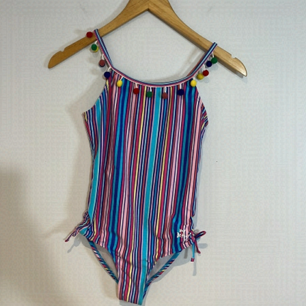 Betsey Johnson Girls One Piece Striped Bathing Suit with Pom Poms size 14